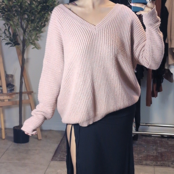 Open-Back Ribbed Off-the-Shoulder Sweater - Blush Pink - Picture 2 of 9